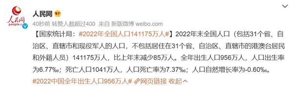 中國國家統計局今(17日)公佈2022年國民經濟運行情況中國國家統計局發布2022年人口